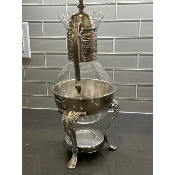 FB Rogers Glass Tea Coffee Pot Corning Carafe with Lid and Metal Warming Stand - Picture 4 of 8